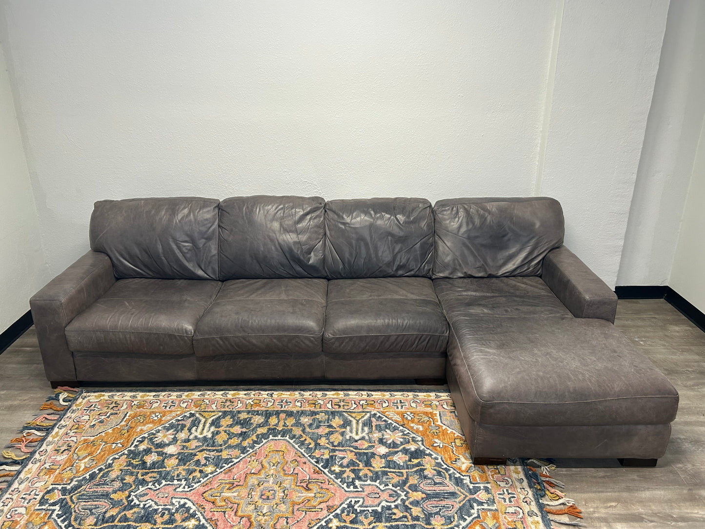 Soft Line Gray Italian Leather Chaise Sectional