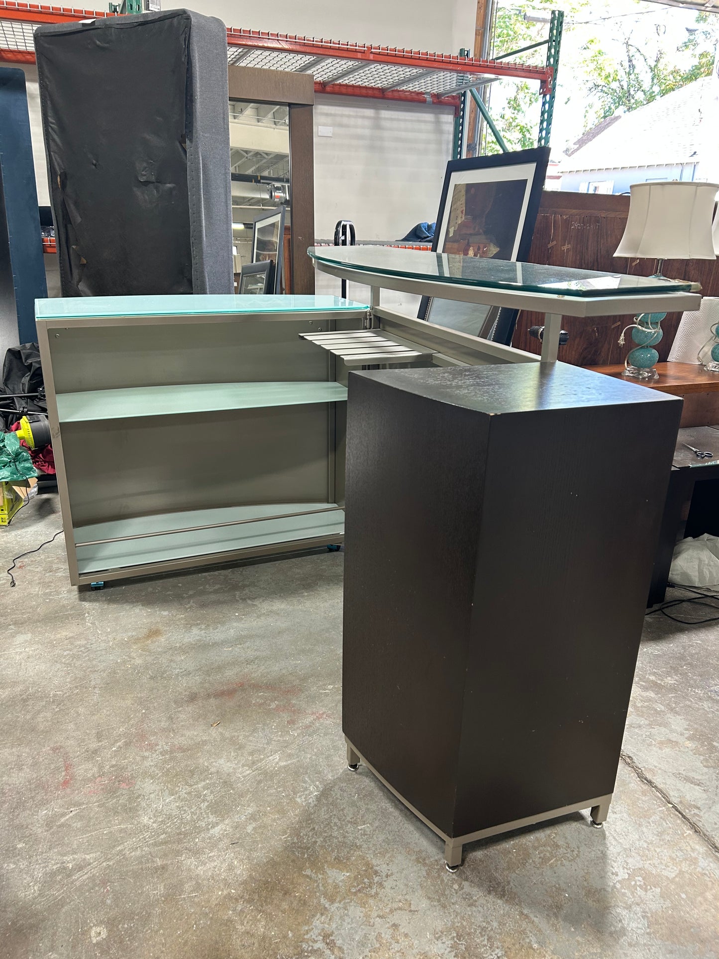 Contemporary Glass-Top Folding Bar Cabinet