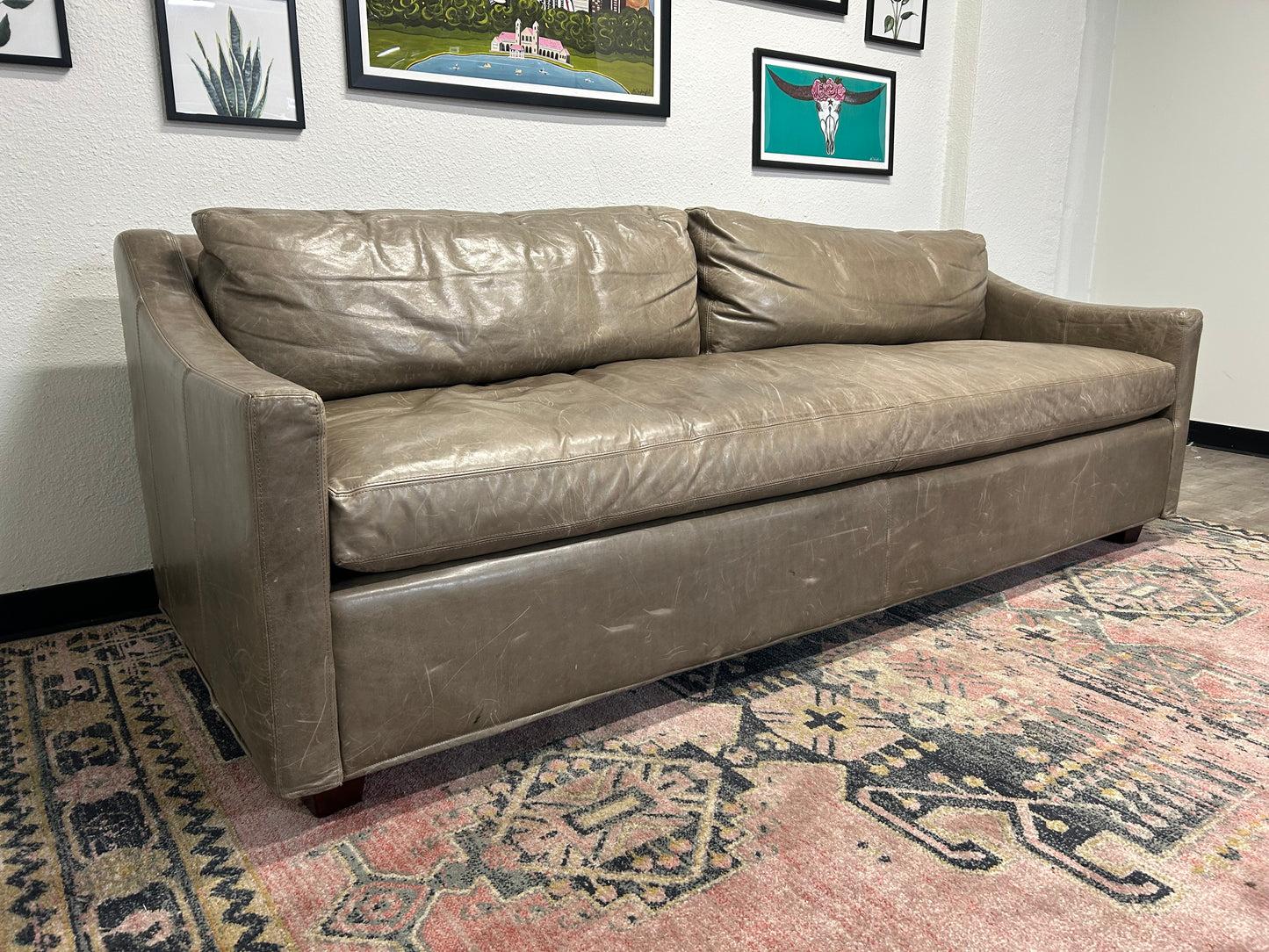 Restoration Hardware Gray Leather Belgian Track Arm Sofa