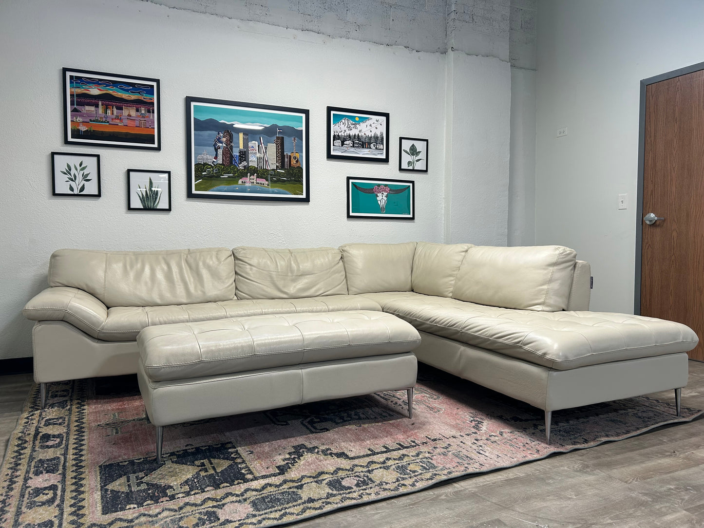 Chateau d’Ax Sky Grey Leather Corsica Sectional With Ottoman