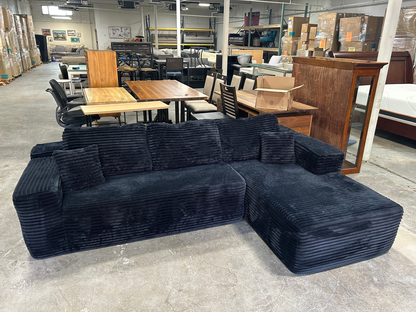 Obsidian Black Velvet Corduroy Chaise Sectional