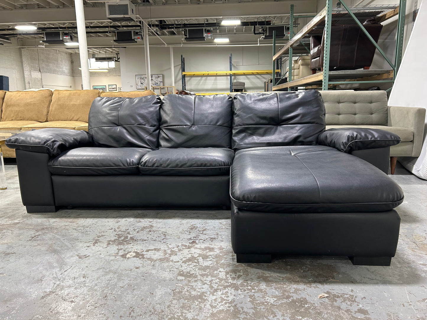 Contemporary Black Leather Chaise Sectional