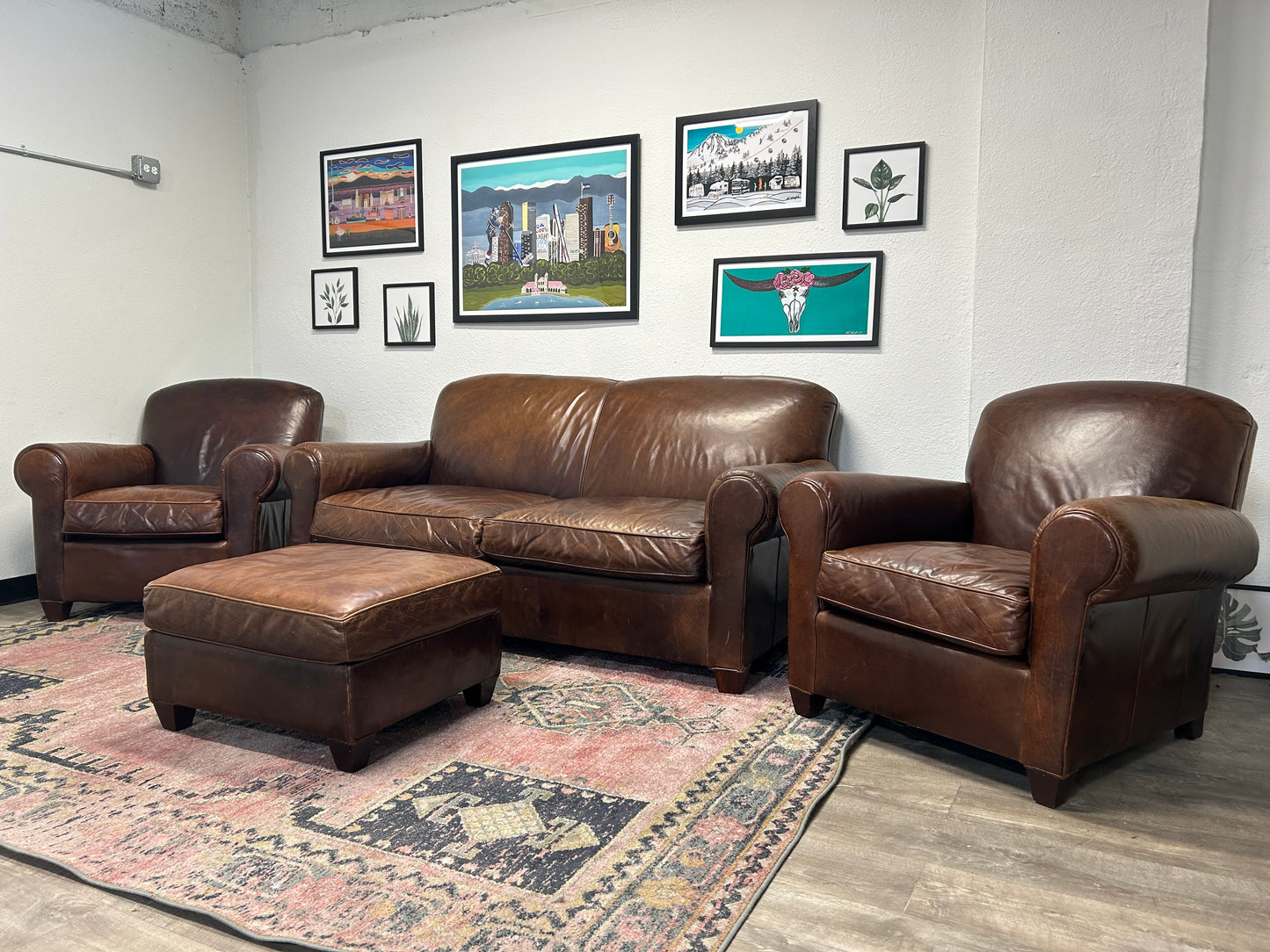 3-Pc Crate & Barrel Brown Leather Sofa And Chair Set