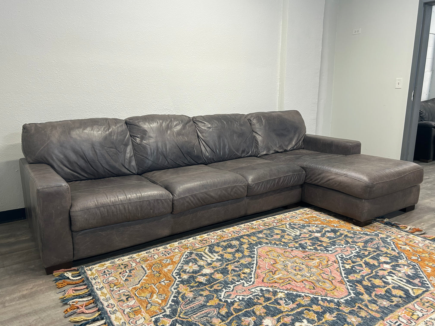 Soft Line Gray Italian Leather Chaise Sectional
