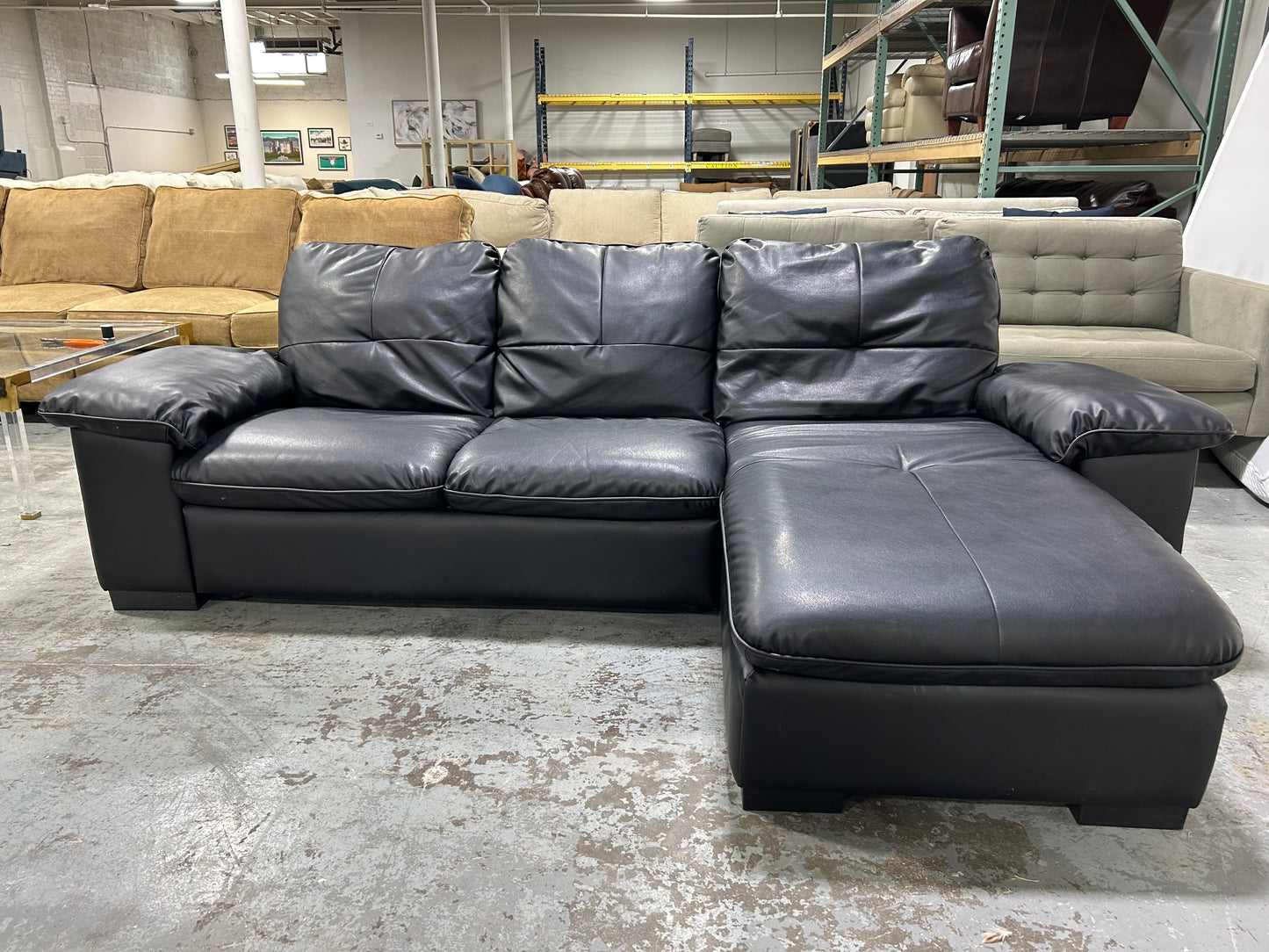 Contemporary Black Leather Chaise Sectional