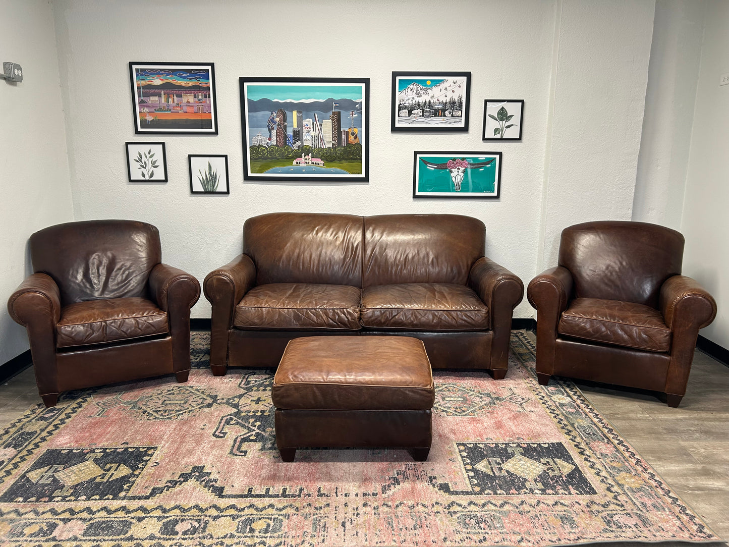 3-Pc Crate & Barrel Brown Leather Sofa And Chair Set