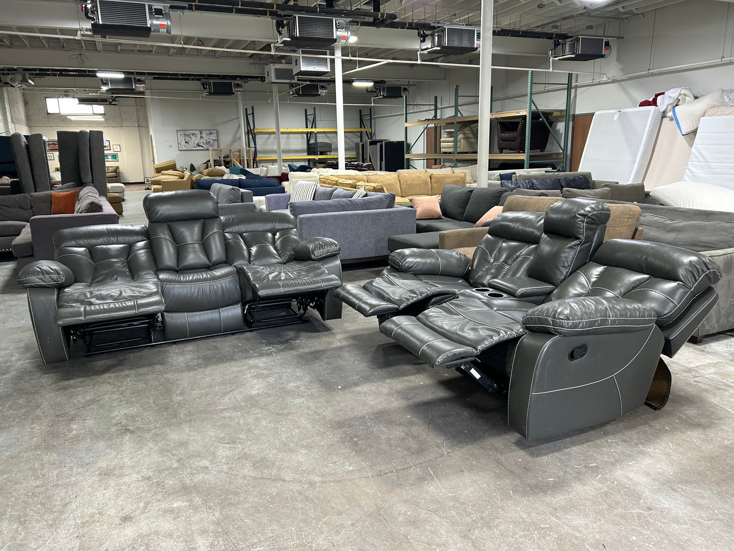 Contemporary Gray Leather Recliner Sofa & Loveseat Set