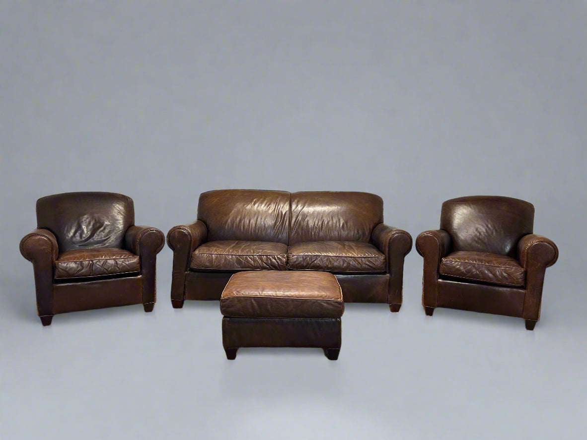 3-Pc Crate & Barrel Brown Leather Sofa And Chair Set