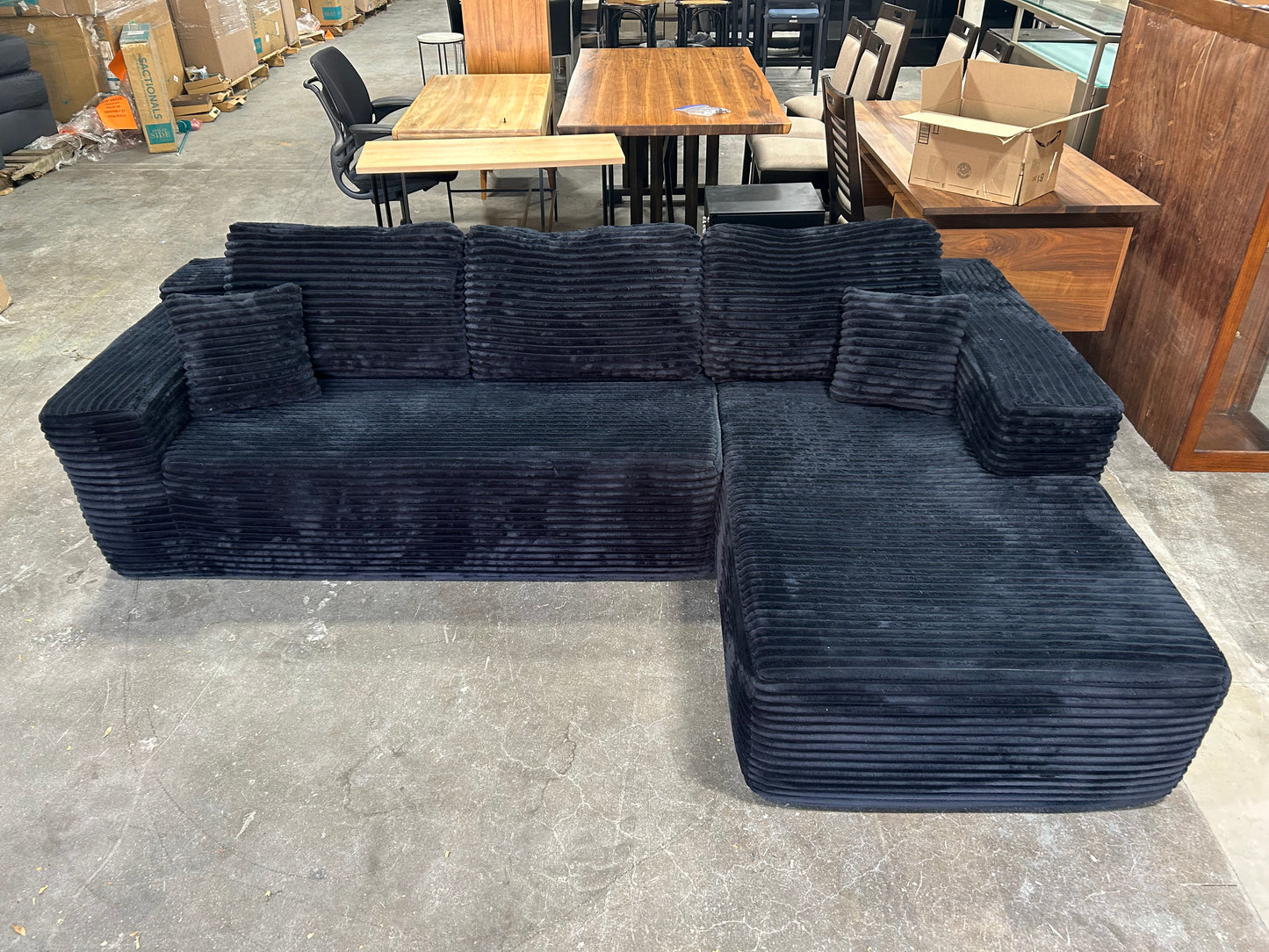 Obsidian Black Velvet Corduroy Chaise Sectional