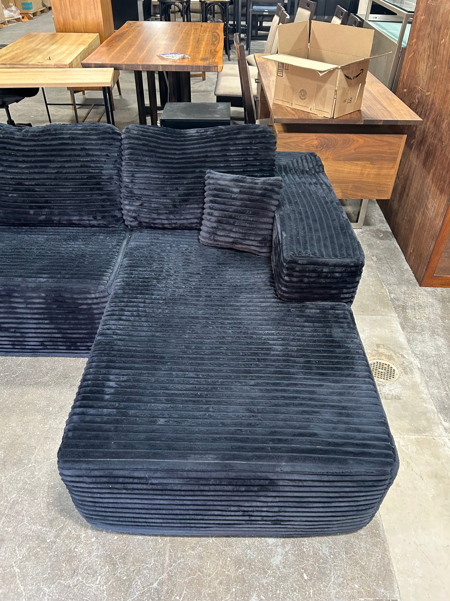 Obsidian Black Velvet Corduroy Chaise Sectional
