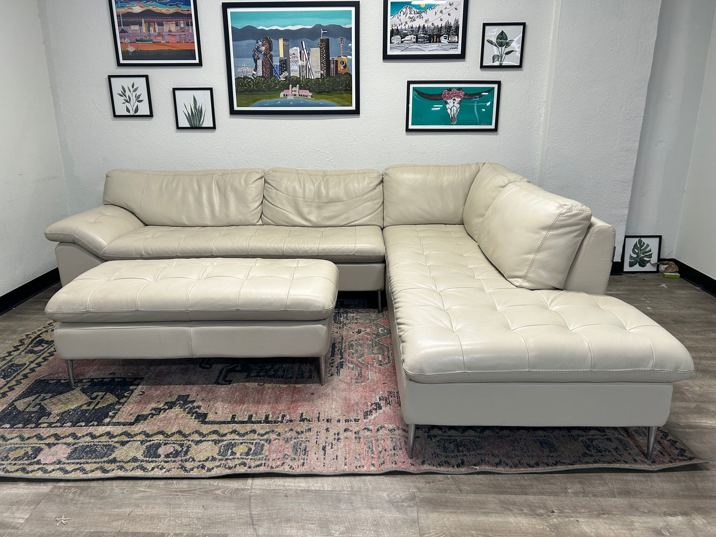 Chateau d’Ax Sky Grey Leather Corsica Sectional With Ottoman