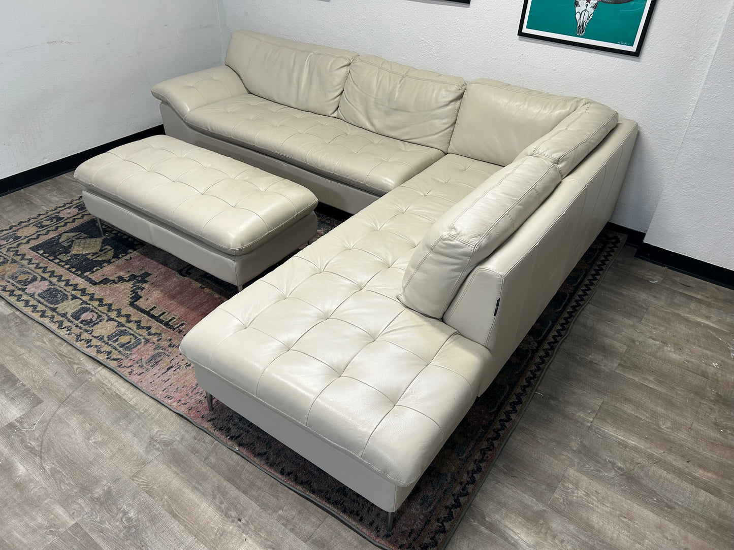 Chateau d’Ax Sky Grey Leather Corsica Sectional With Ottoman