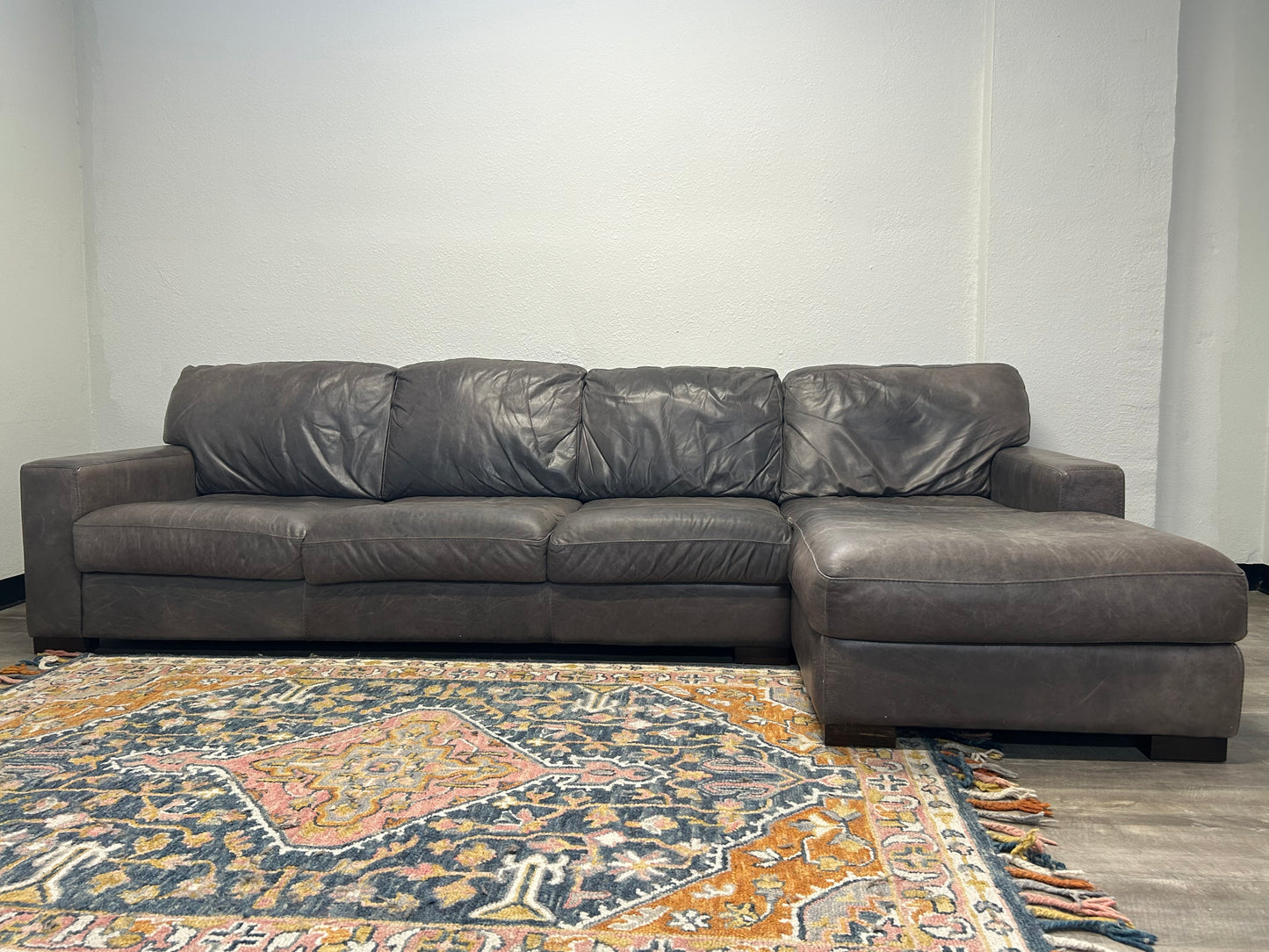 Soft Line Gray Italian Leather Chaise Sectional