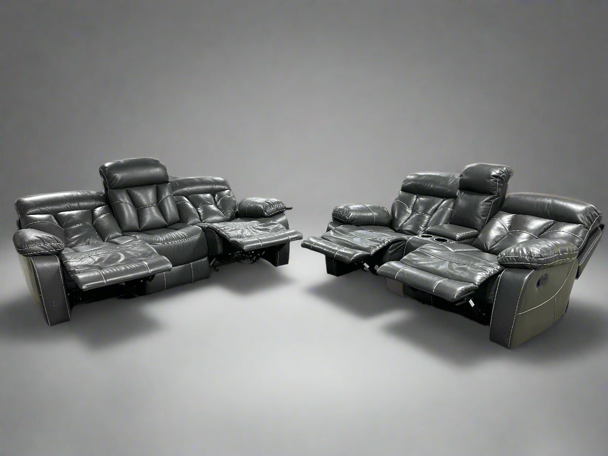 Contemporary Gray Leather Recliner Sofa & Loveseat Set