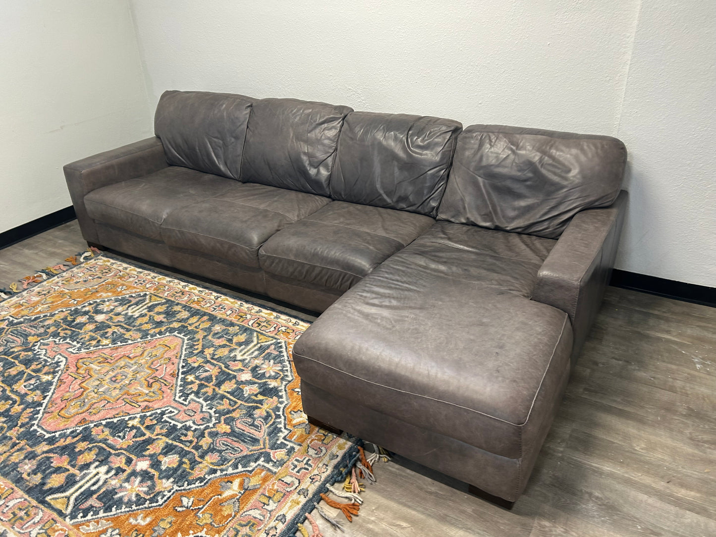 Soft Line Gray Italian Leather Chaise Sectional