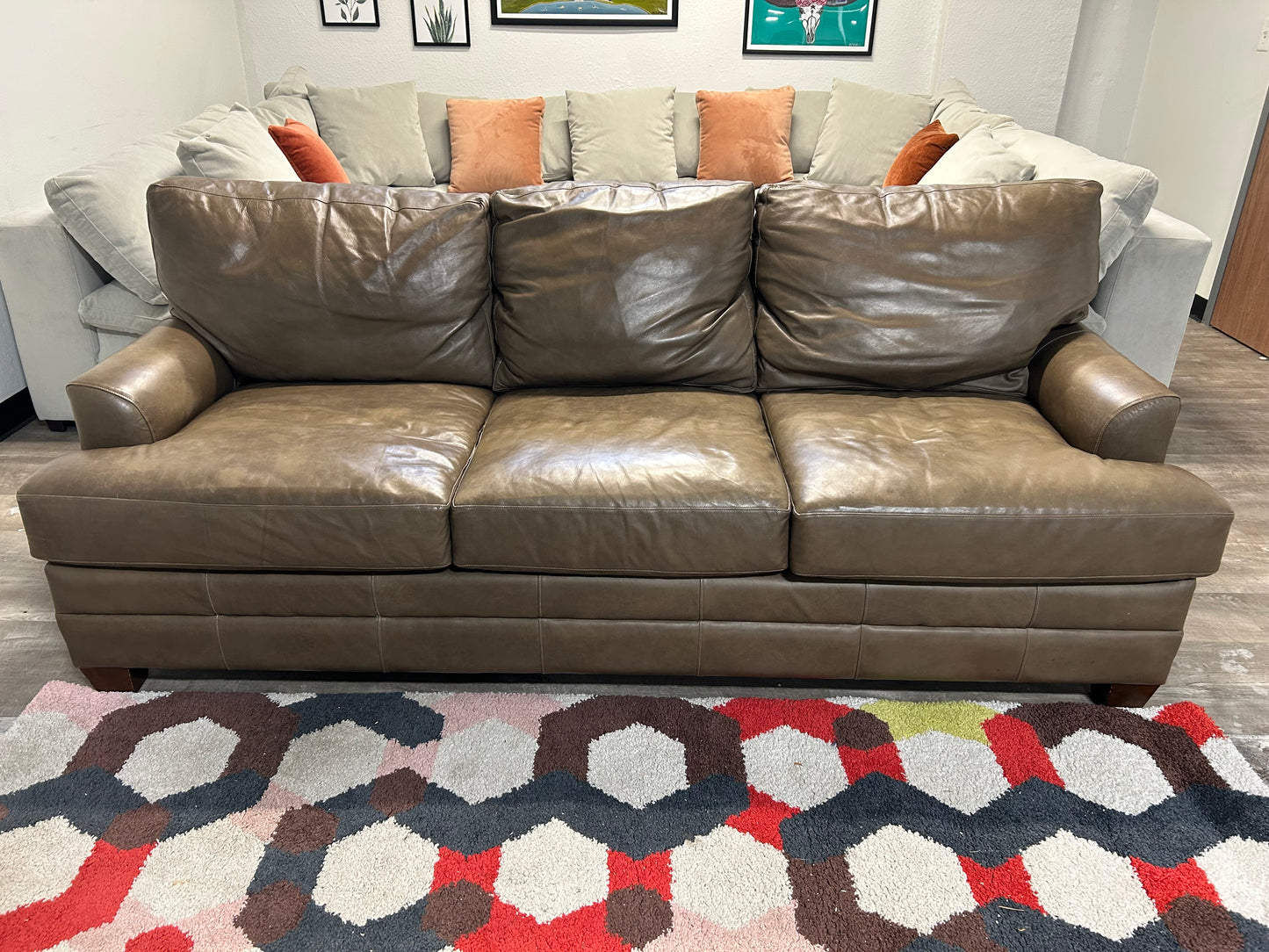 Bassett Taupe Top-Grain Leather Sofa