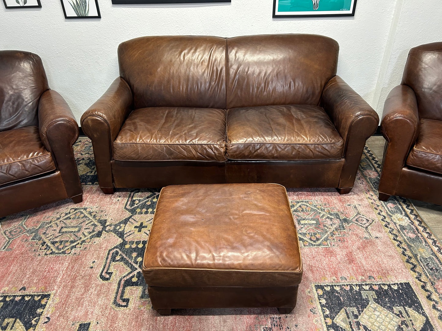 3-Pc Crate & Barrel Brown Leather Sofa And Chair Set