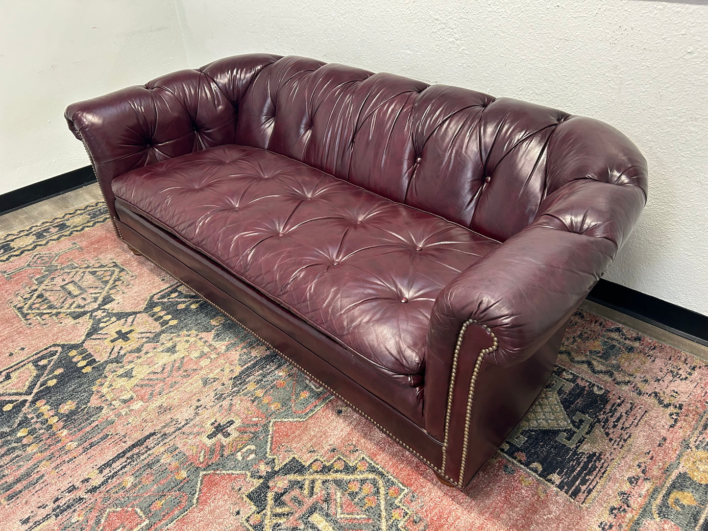 CUSTOM-MADE Vintage 1989 Aubergine Leather MCM Chesterfield Sofa