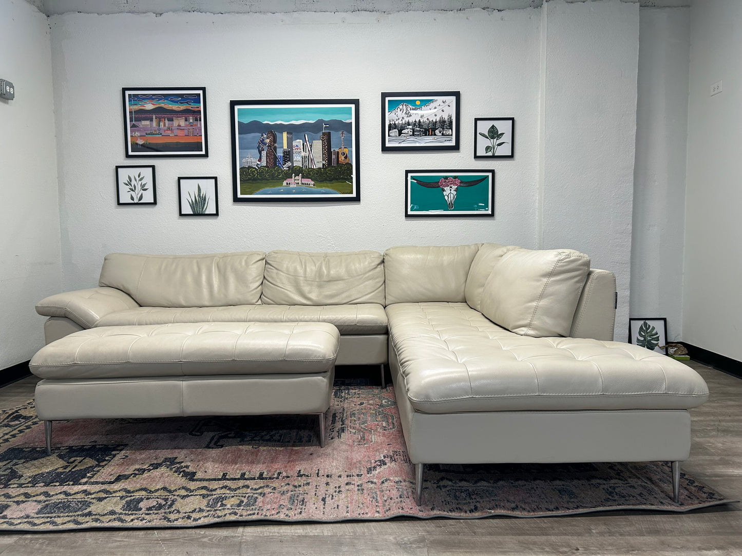 Chateau d’Ax Sky Grey Leather Corsica Sectional With Ottoman
