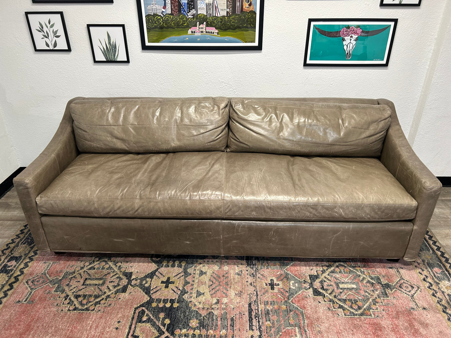 Restoration Hardware Gray Leather Belgian Track Arm Sofa