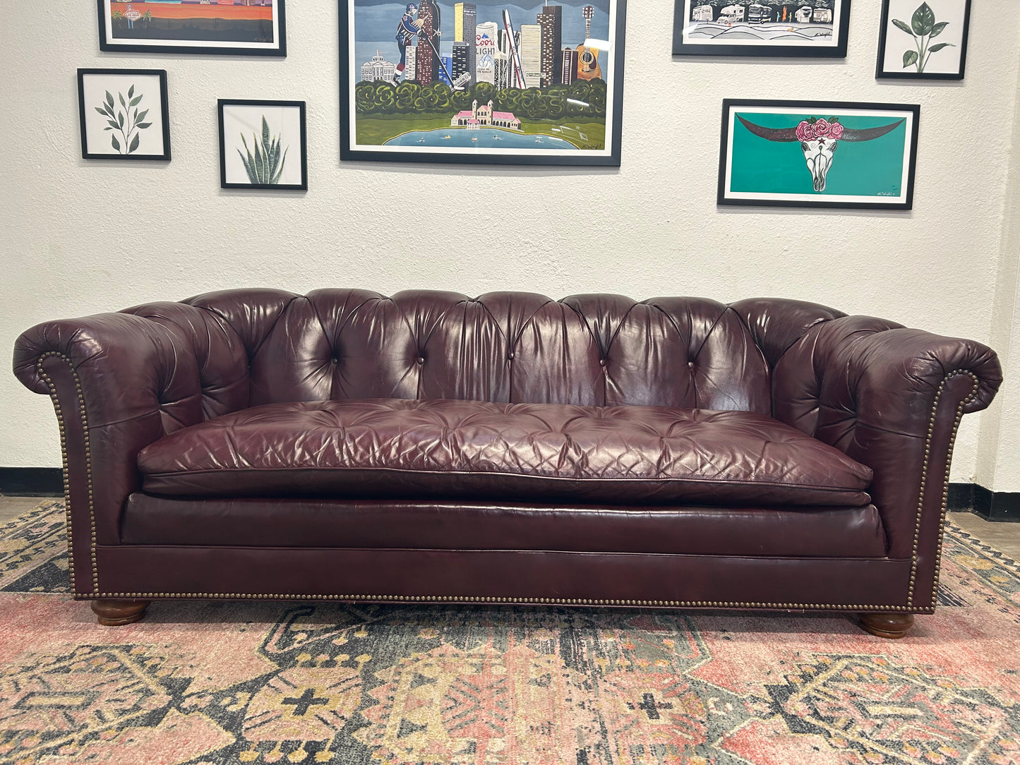 CUSTOM-MADE Vintage 1989 Aubergine Leather MCM Chesterfield Sofa