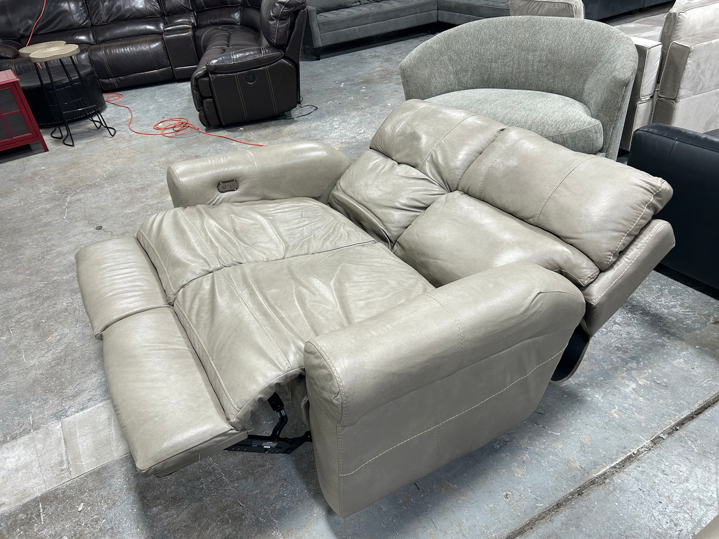 Light Gray Leather Power Recliner Loveseat
