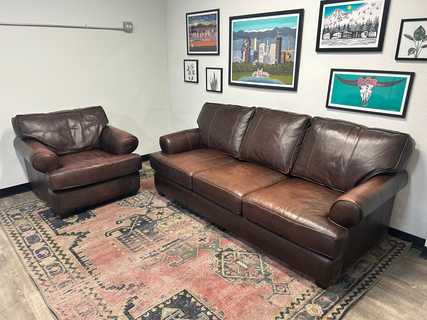 Arhaus Brown Leather Hadley Sofa & Chair Set