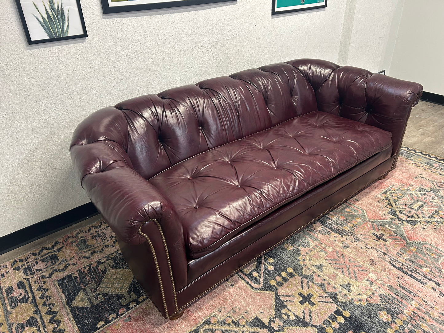 CUSTOM-MADE Vintage 1989 Aubergine Leather MCM Chesterfield Sofa