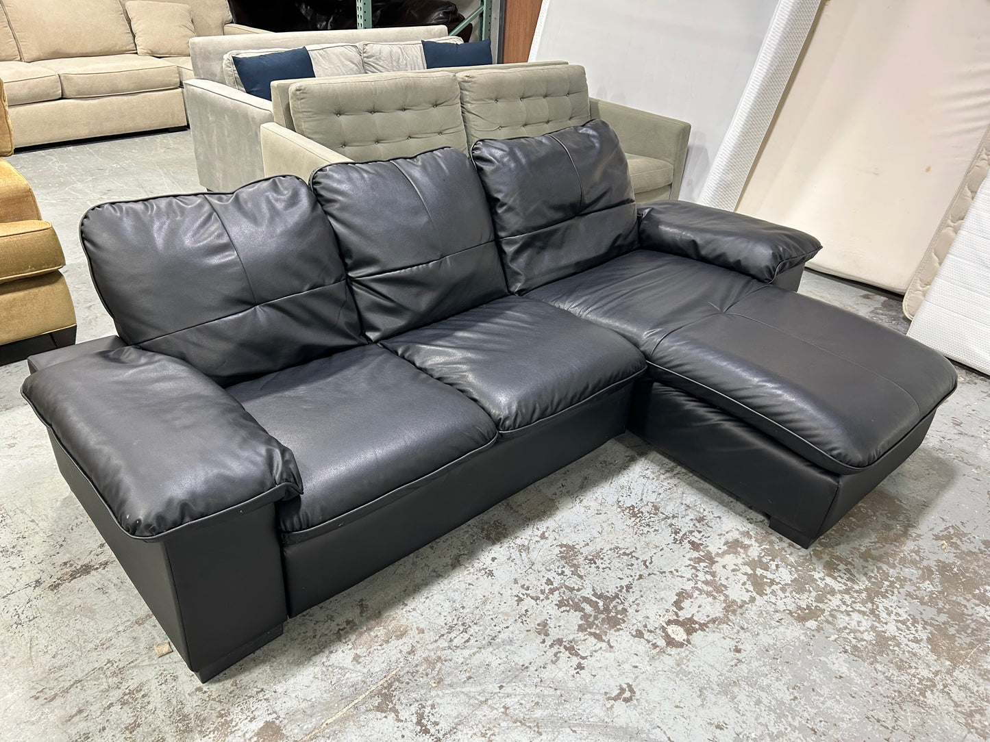 Contemporary Black Leather Chaise Sectional