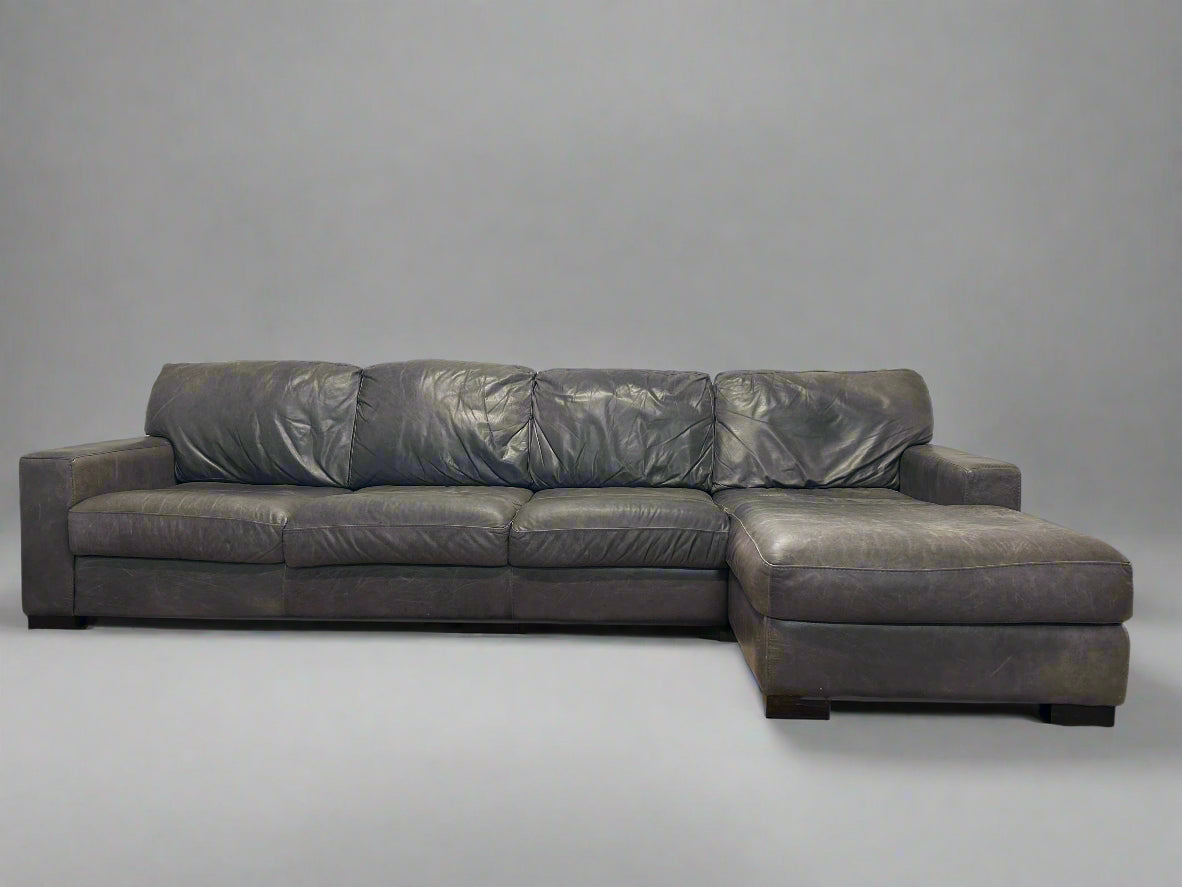 Soft Line Gray Italian Leather Chaise Sectional