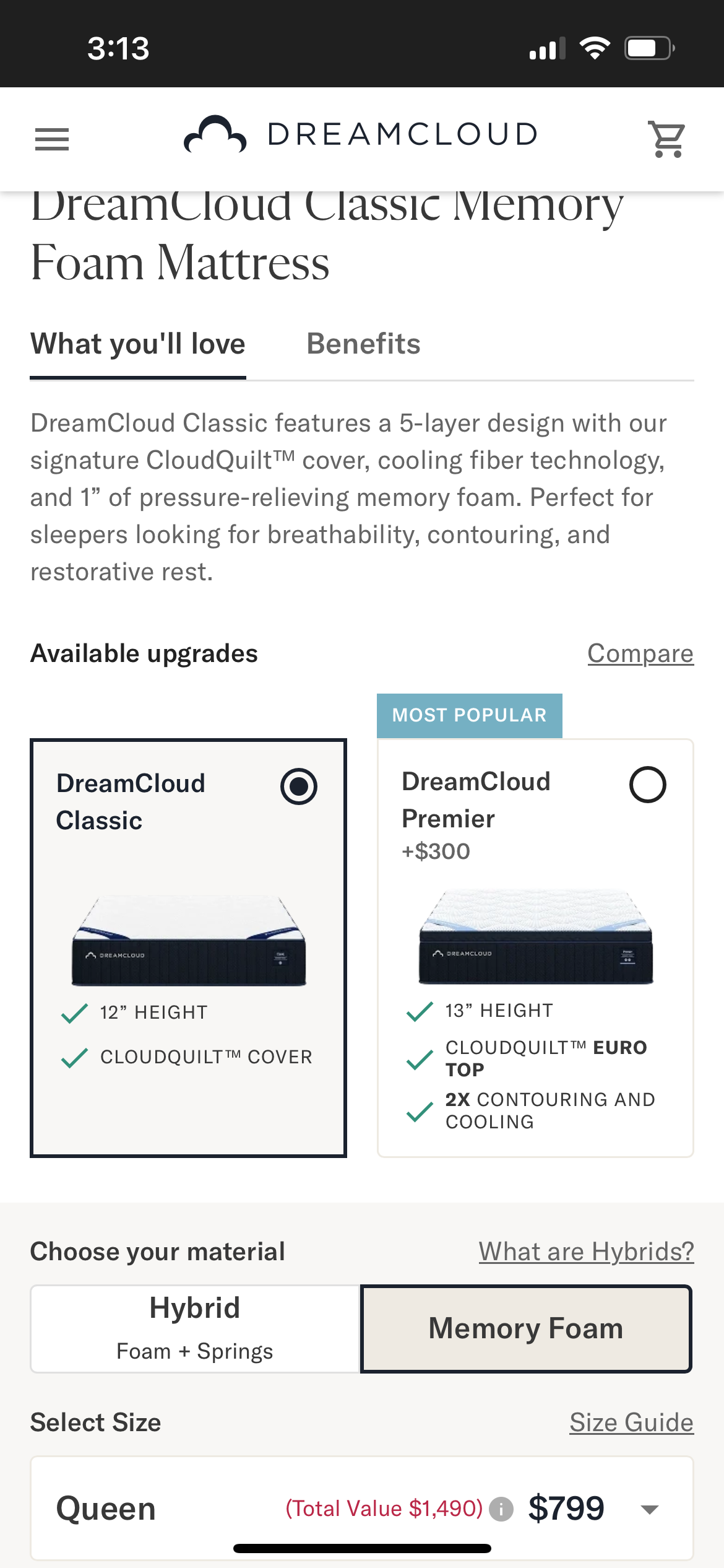 MINT CONDITION DreamCloud Classic Memory Foam Queen Mattress