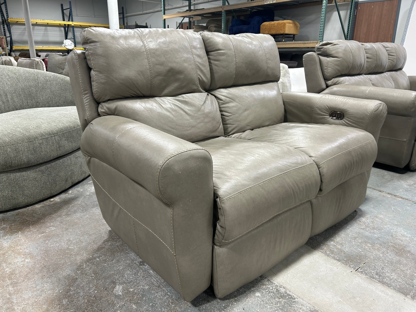 Light Gray Leather Power Recliner Loveseat