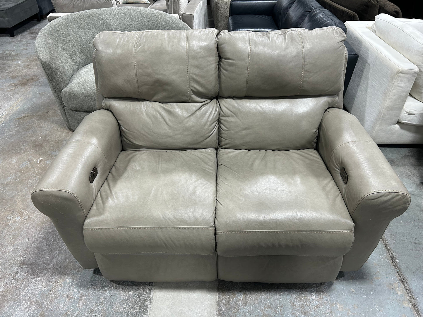 Light Gray Leather Power Recliner Loveseat