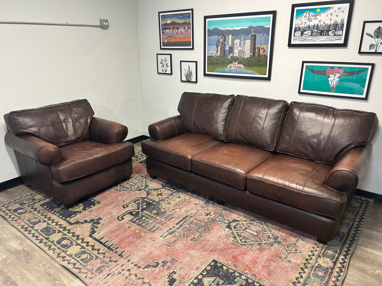 Arhaus Brown Leather Hadley Sofa & Chair Set