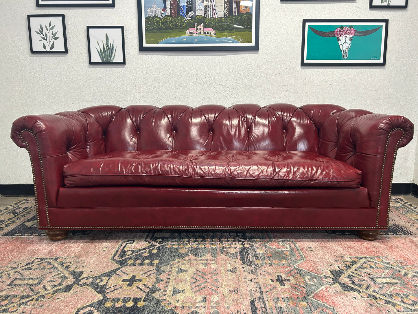 CUSTOM-MADE Vintage 1989 Red Leather MCM Chesterfield Sofa