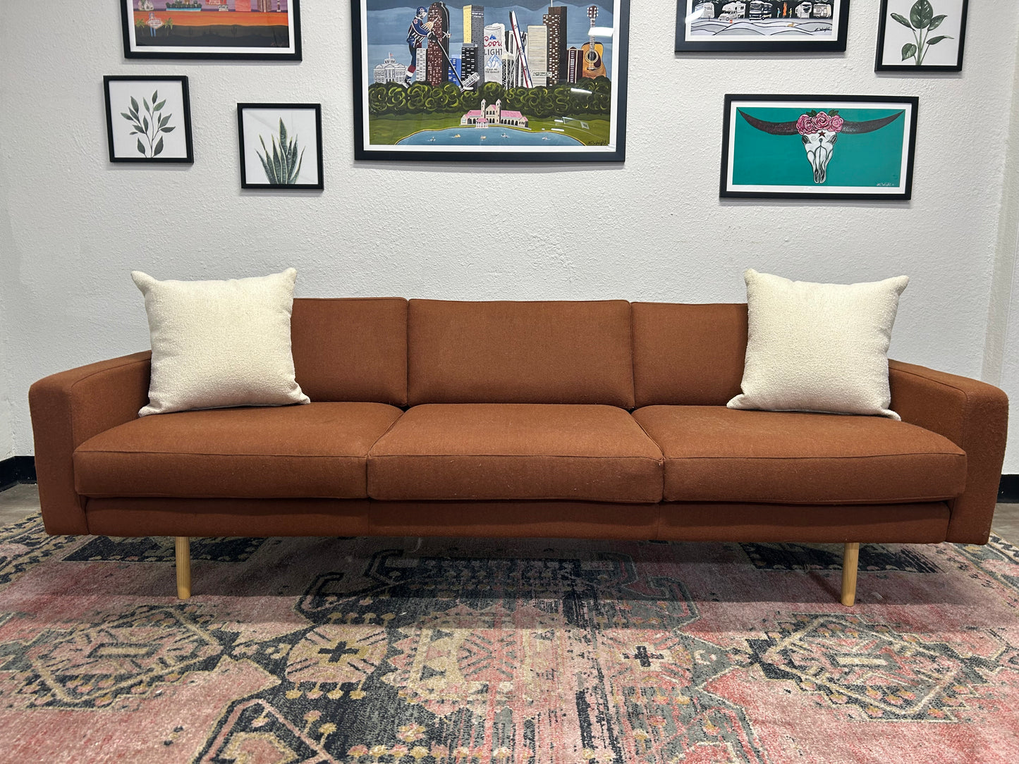 OFS Burnt Orange 100% Wool MCM Sofa