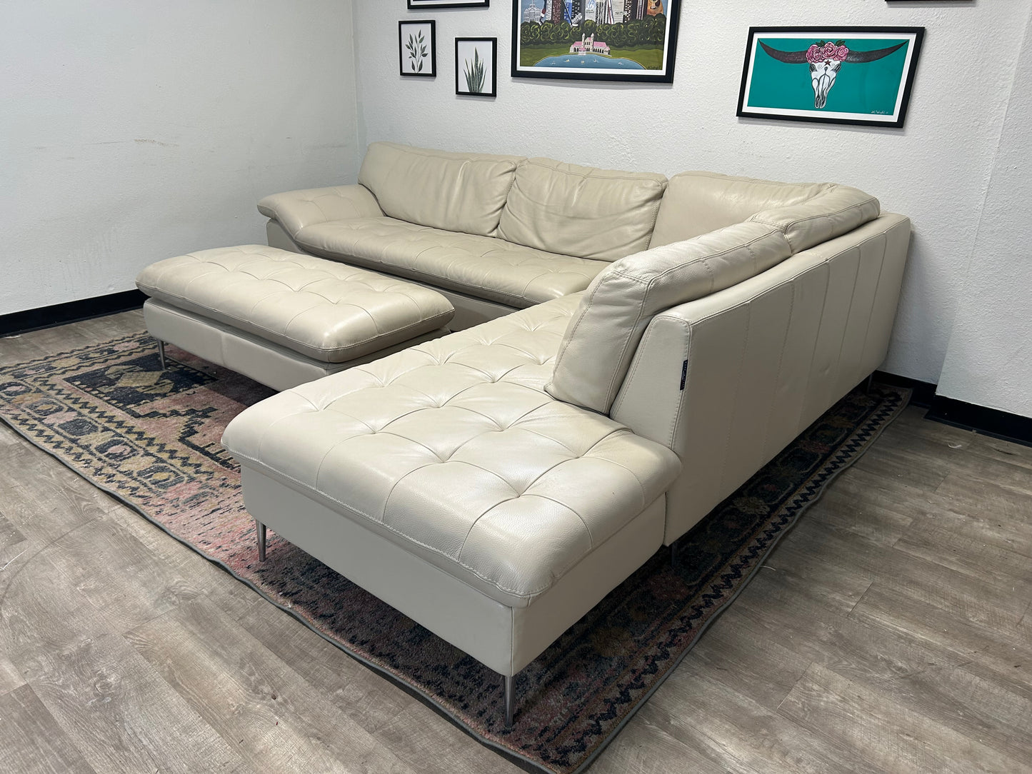 Chateau d’Ax Sky Grey Leather Corsica Sectional With Ottoman
