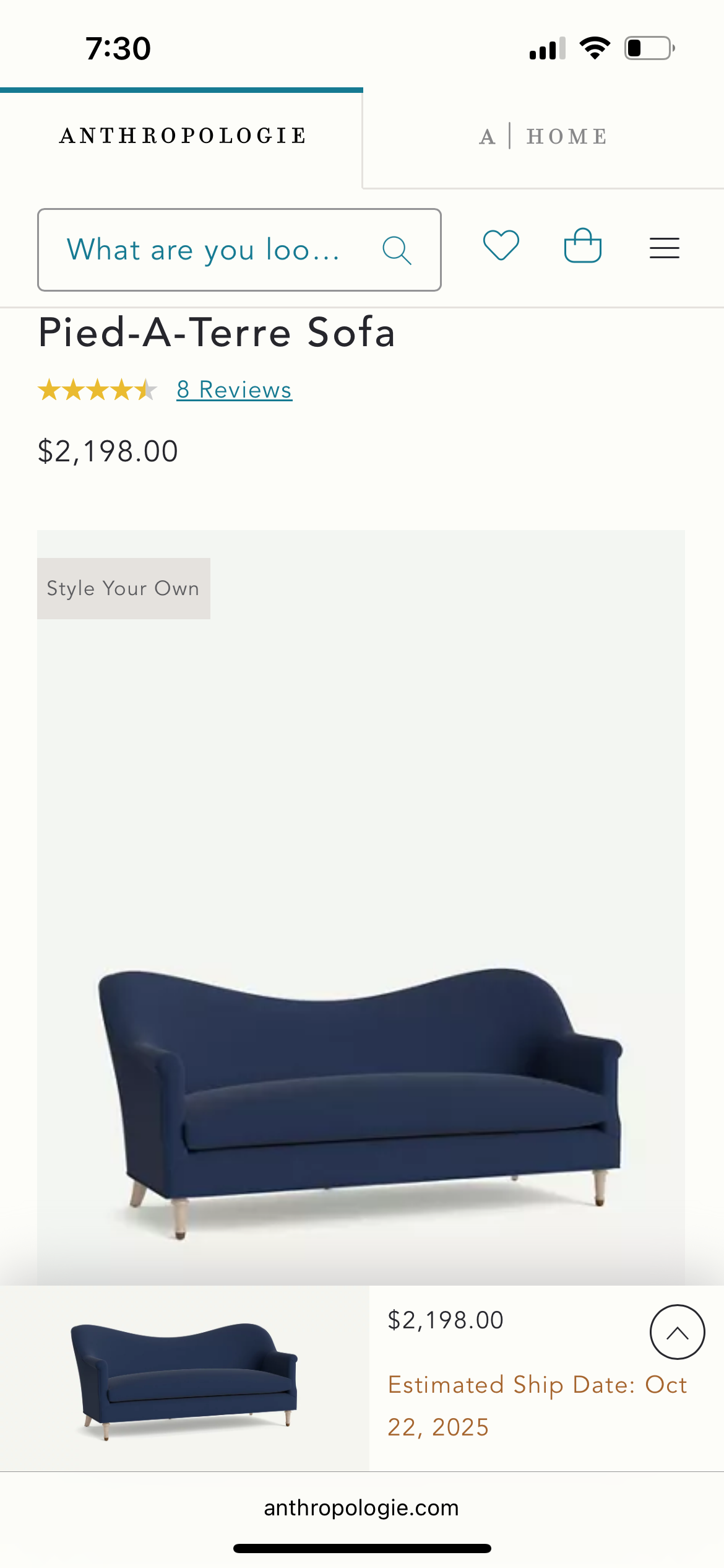 Anthropologie Blue 82” Pied-A-Terre Sofa
