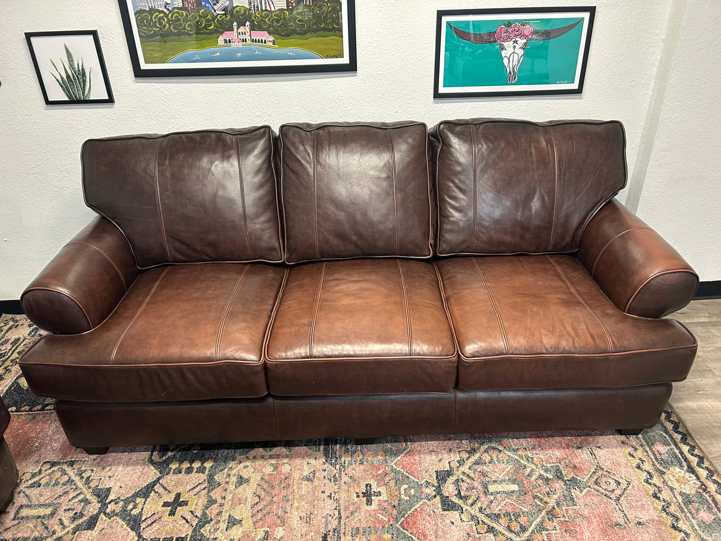 Arhaus Brown Leather Hadley Sofa & Chair Set