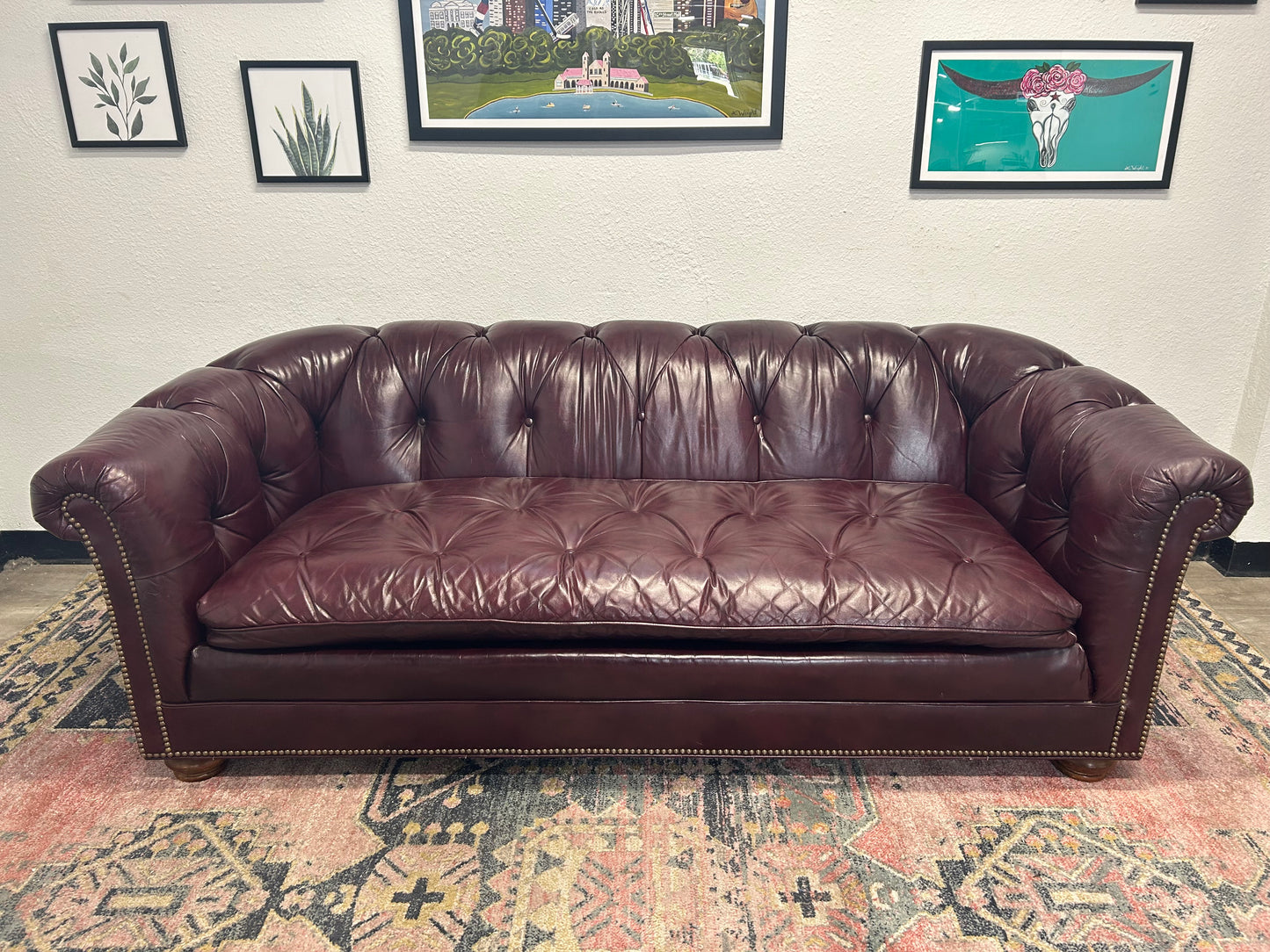 CUSTOM-MADE Vintage 1989 Aubergine Leather MCM Chesterfield Sofa