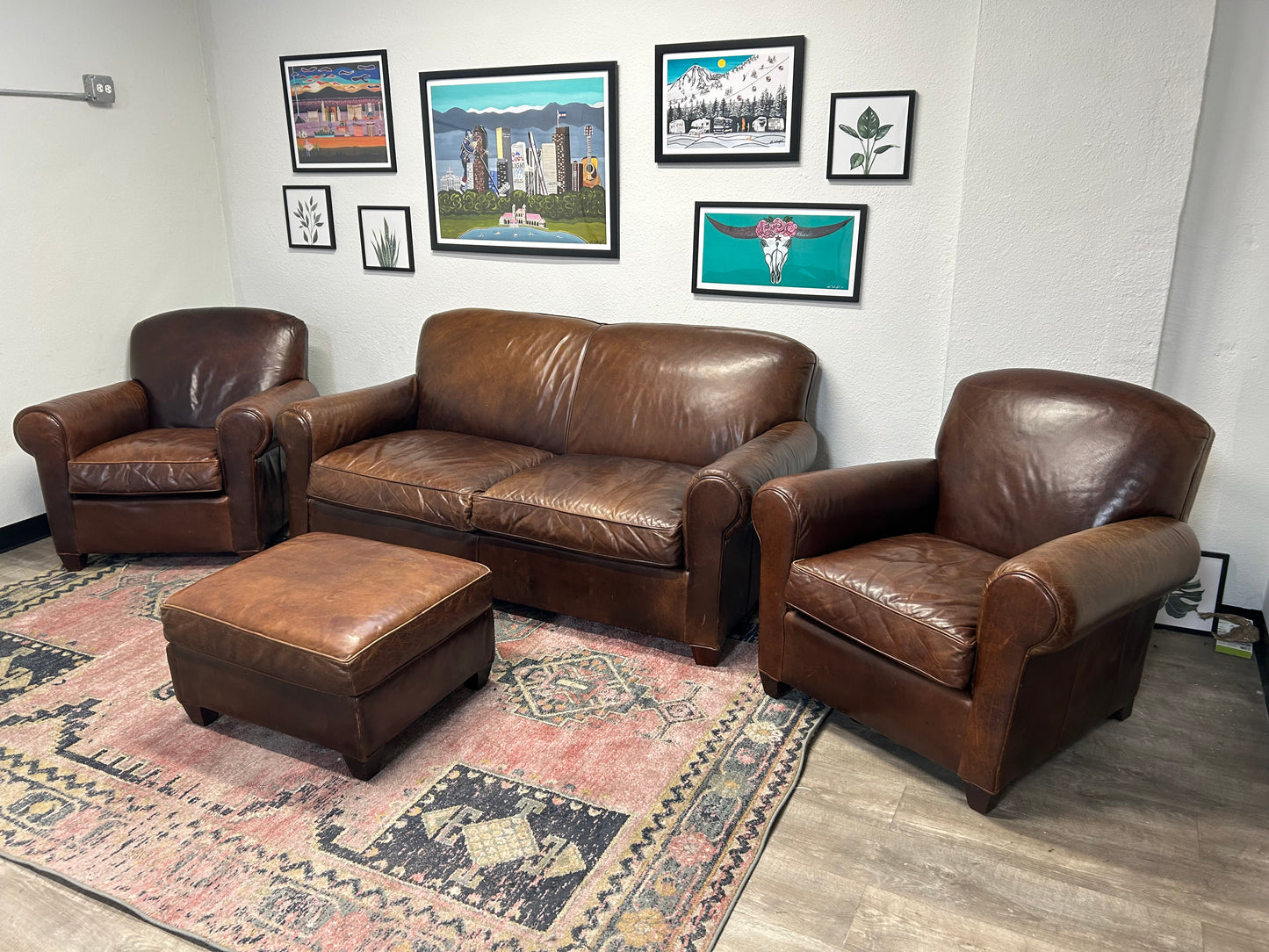 3-Pc Crate & Barrel Brown Leather Sofa And Chair Set
