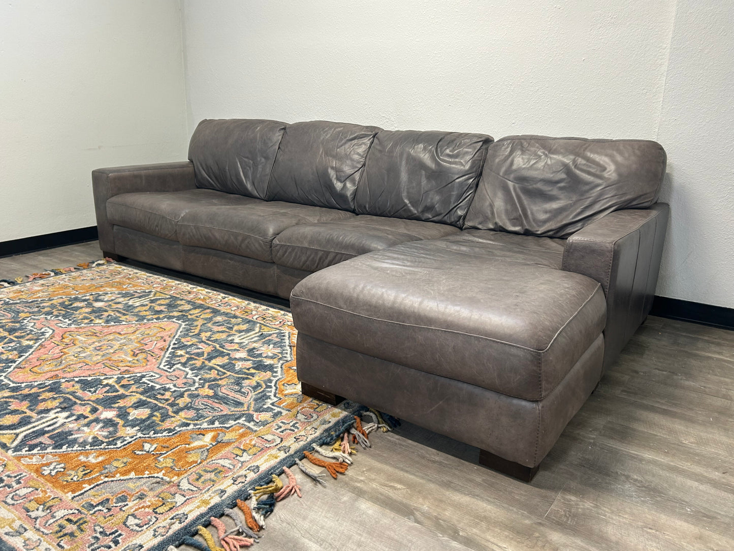 Soft Line Gray Italian Leather Chaise Sectional