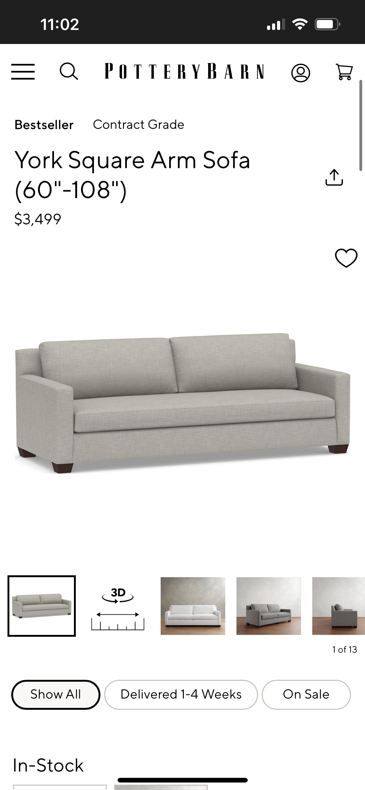 Pottery Barn Light Gray York Square Arm Sofa