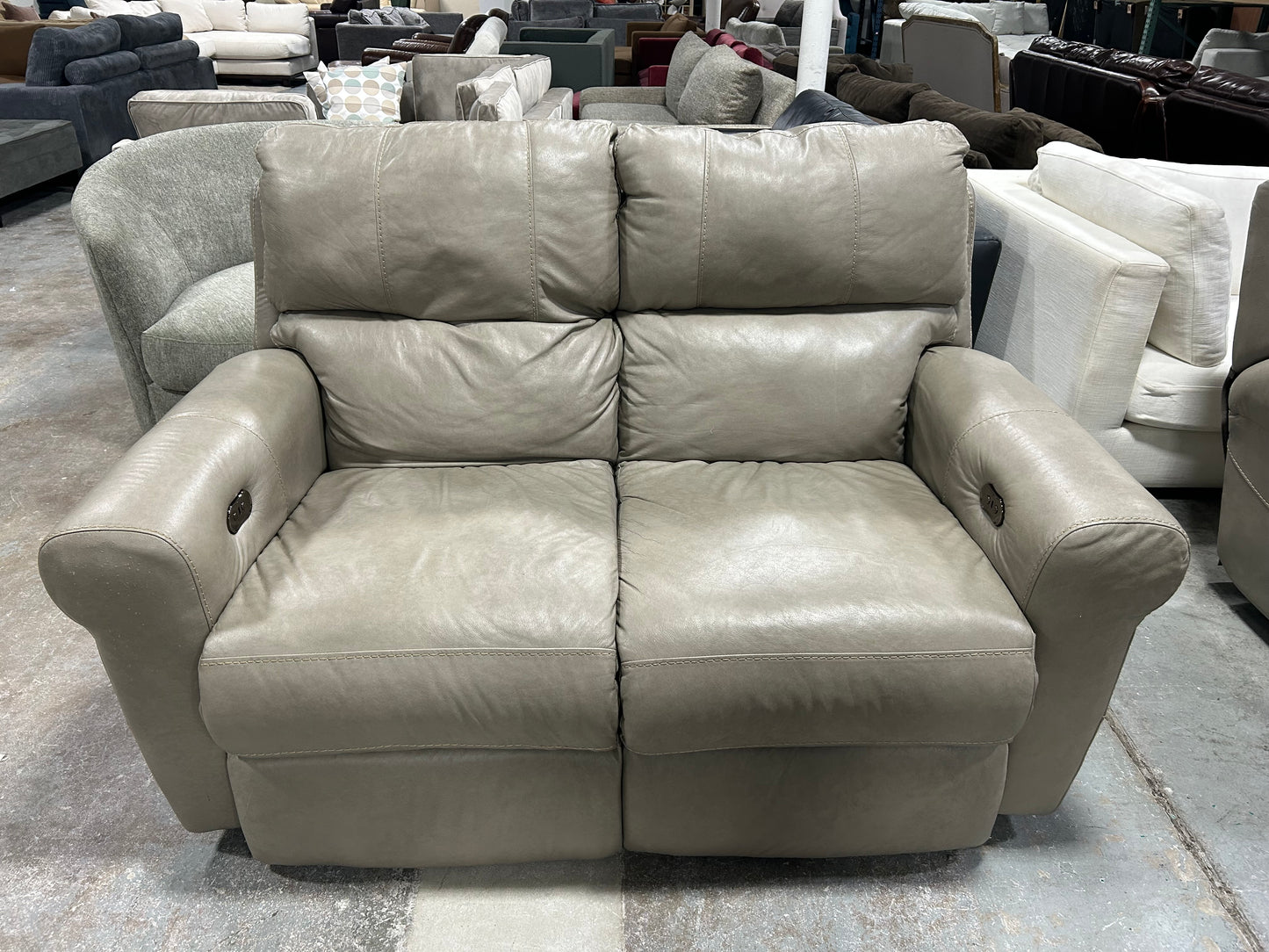 Light Gray Leather Power Recliner Loveseat