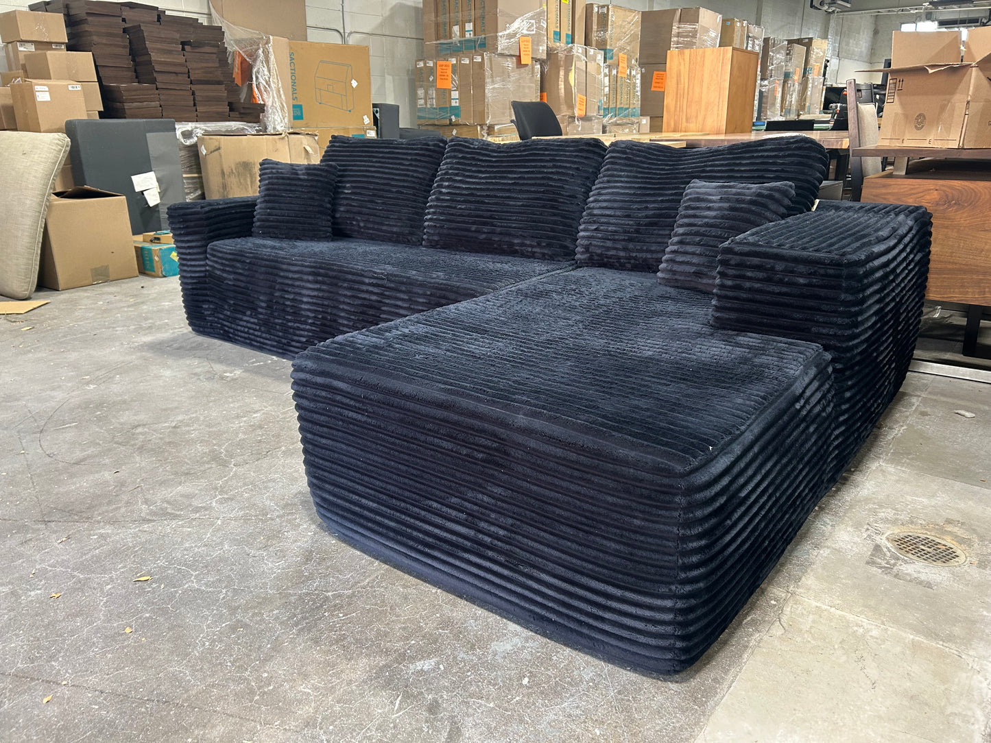 Obsidian Black Velvet Corduroy Chaise Sectional