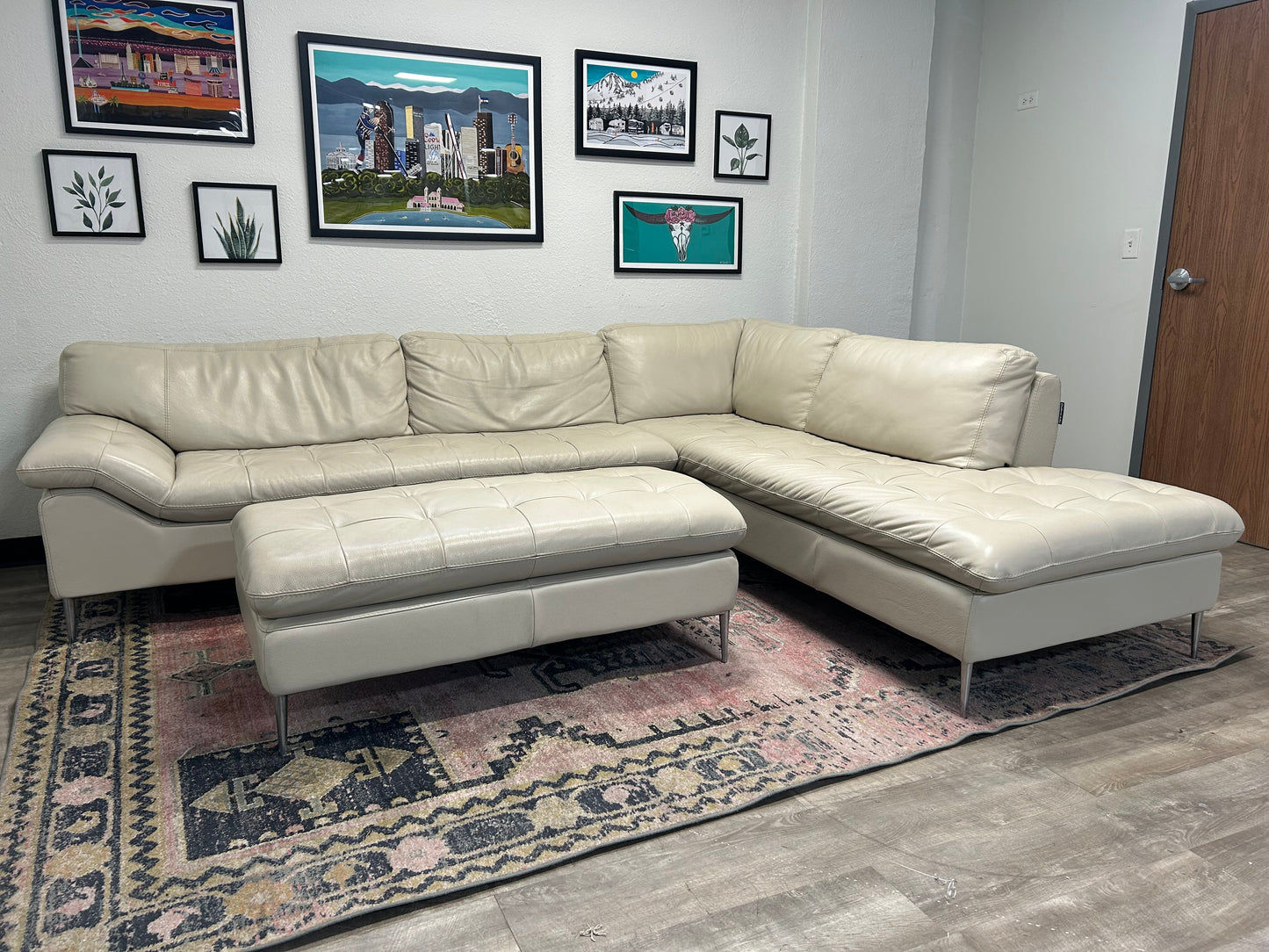 Chateau d’Ax Sky Grey Leather Corsica Sectional With Ottoman
