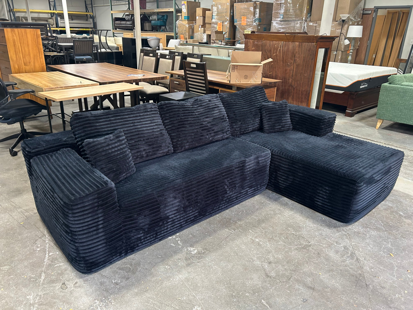 Obsidian Black Velvet Corduroy Chaise Sectional