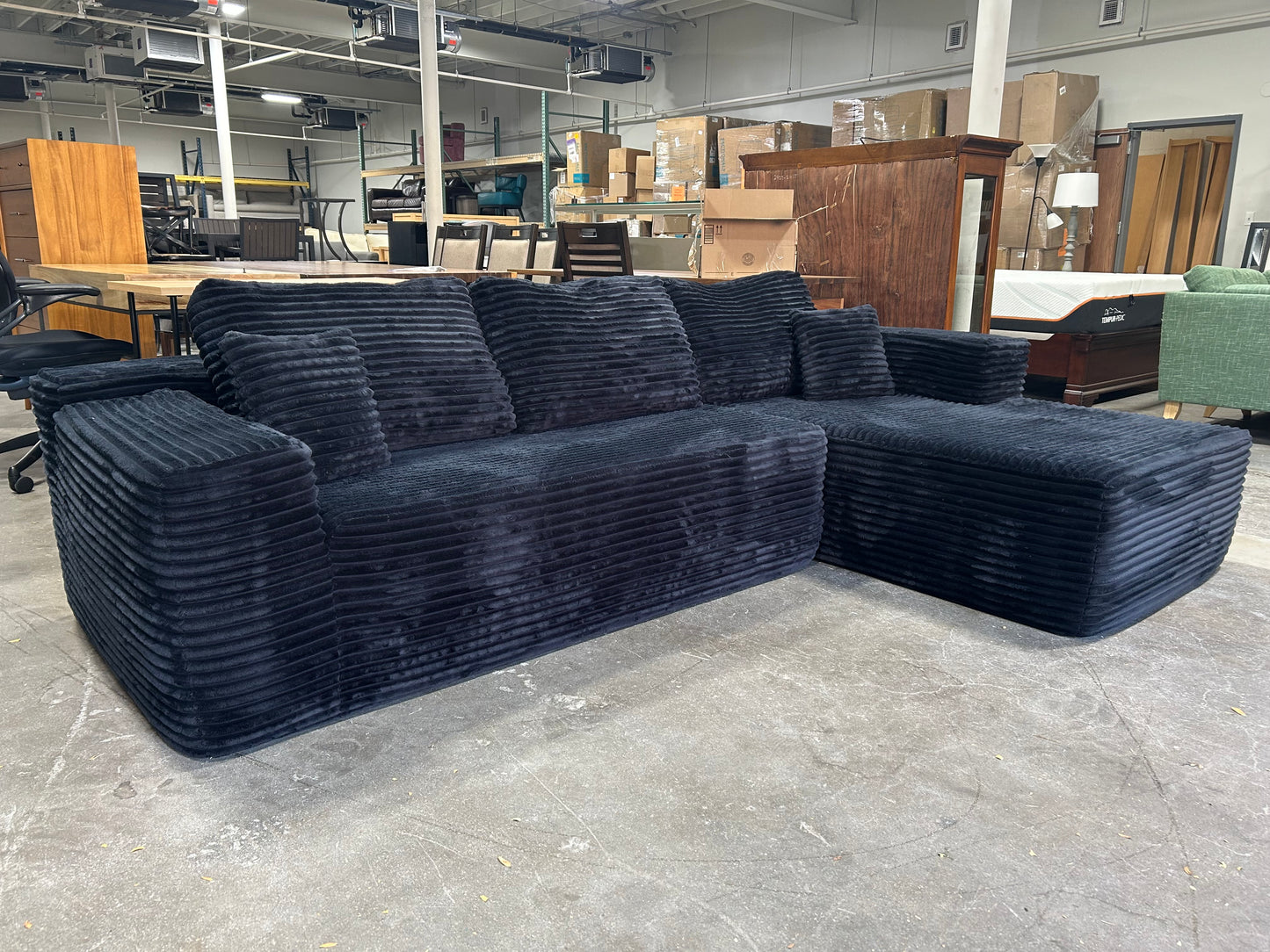 Obsidian Black Velvet Corduroy Chaise Sectional