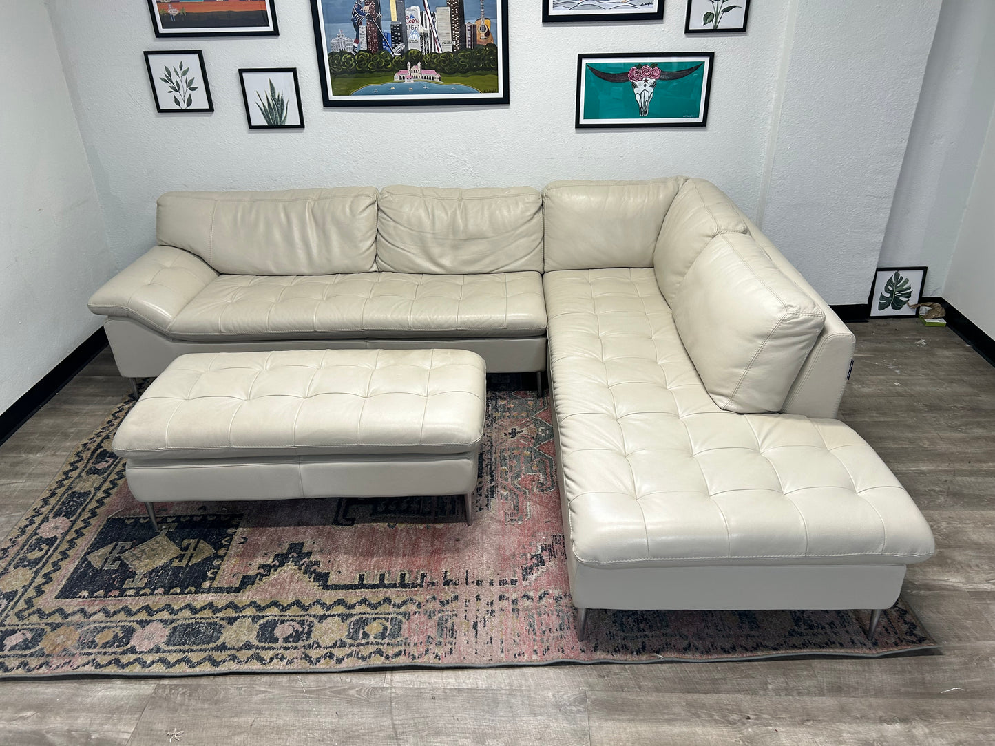 Chateau d’Ax Sky Grey Leather Corsica Sectional With Ottoman