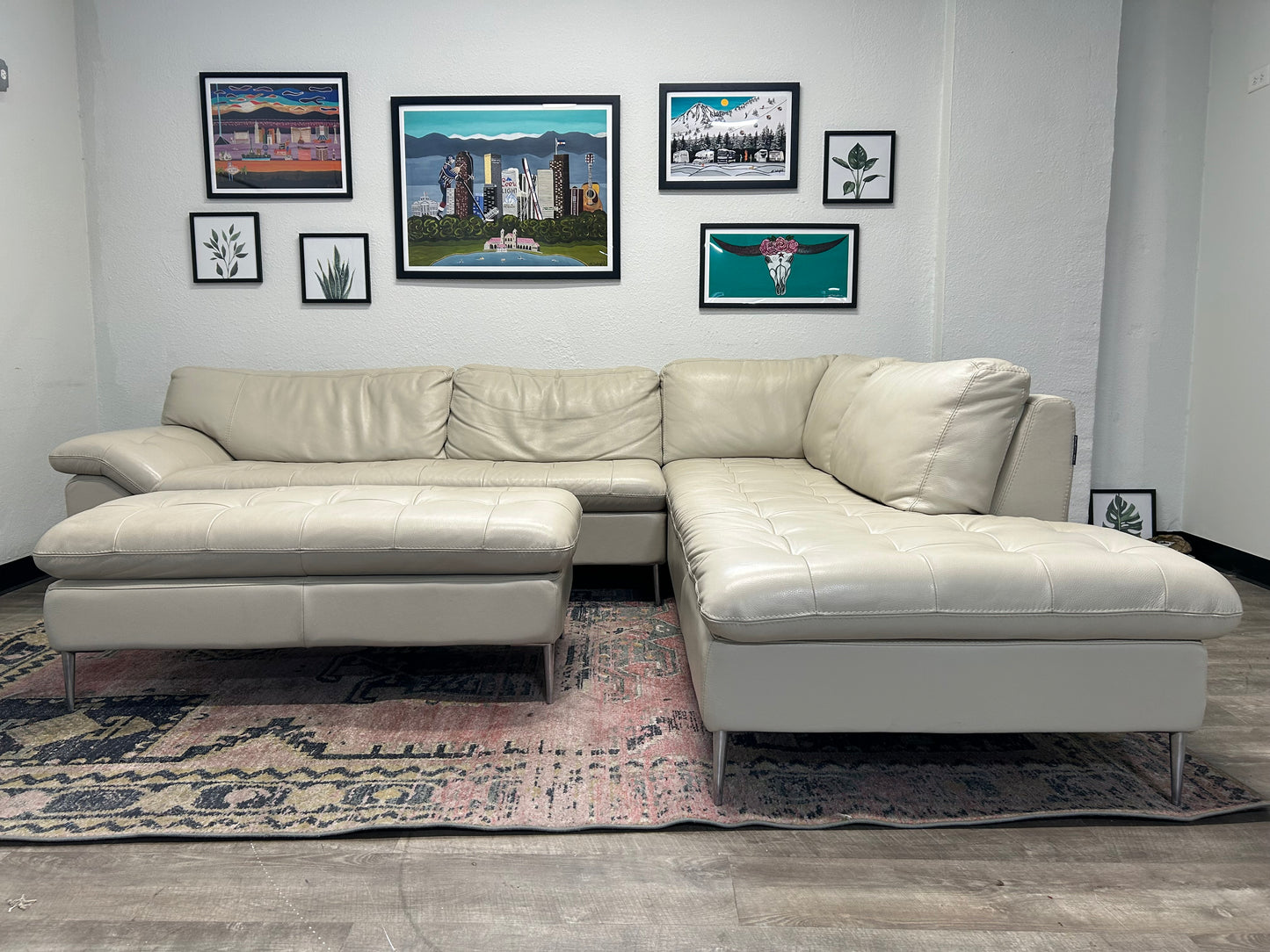 Chateau d’Ax Sky Grey Leather Corsica Sectional With Ottoman